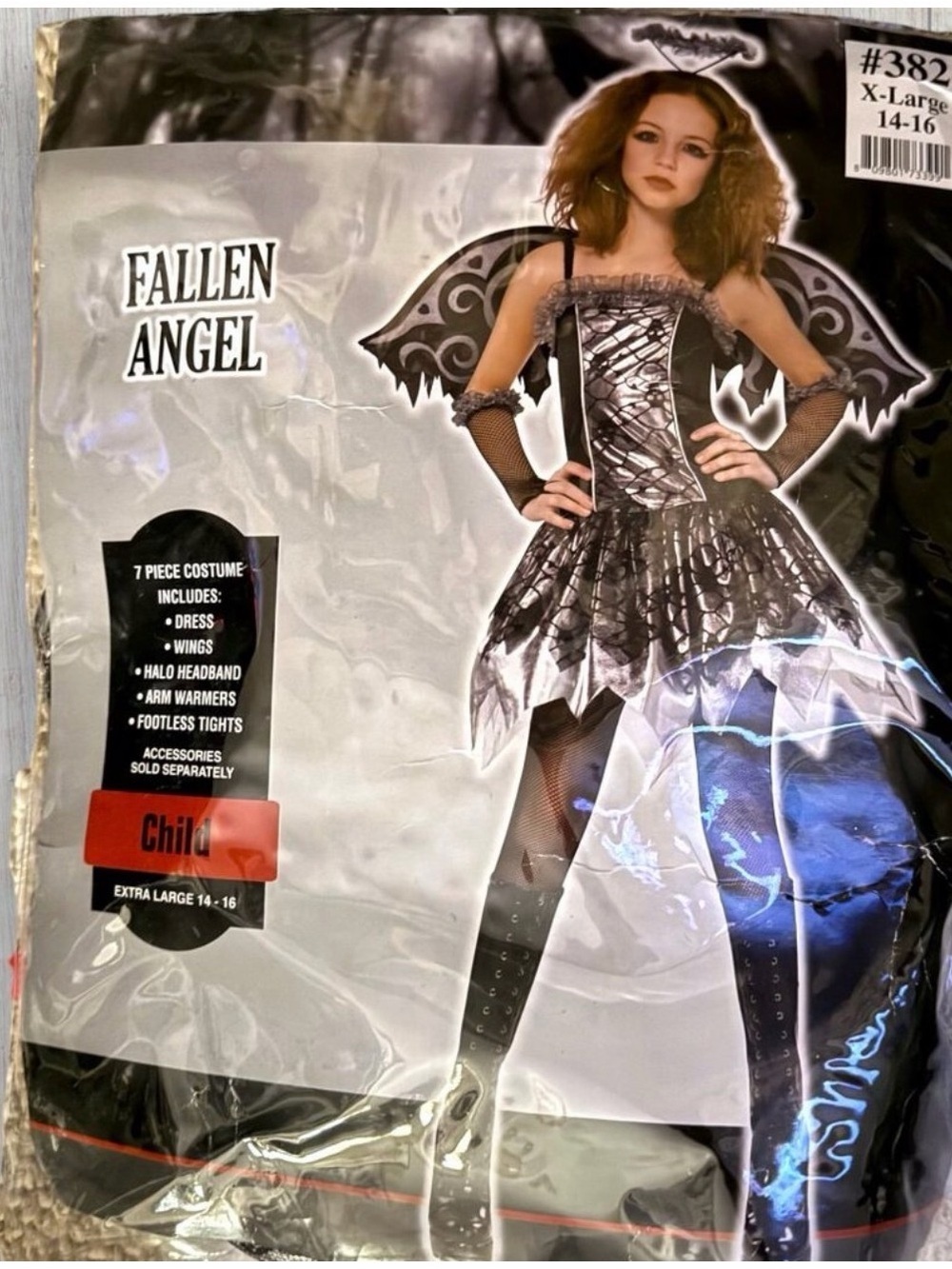 COSTUMES USA Black Silver Fallen Angel Dark Fairy Princess Wings Halo Dress XL